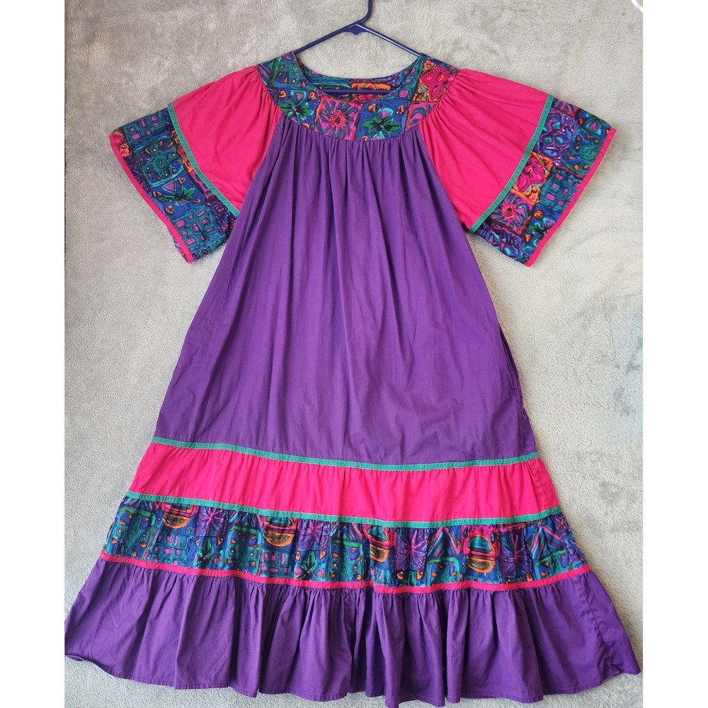 Go Softly Dress Womens Medium Purple Pink Colorblock Tiered Floral Boho Midi